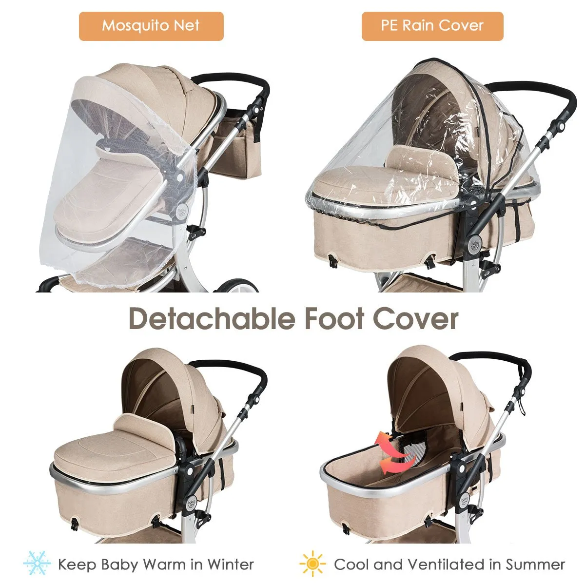2 in 1 Foldable Baby Stroller with Rain Cover and Mosquito Net-Beige