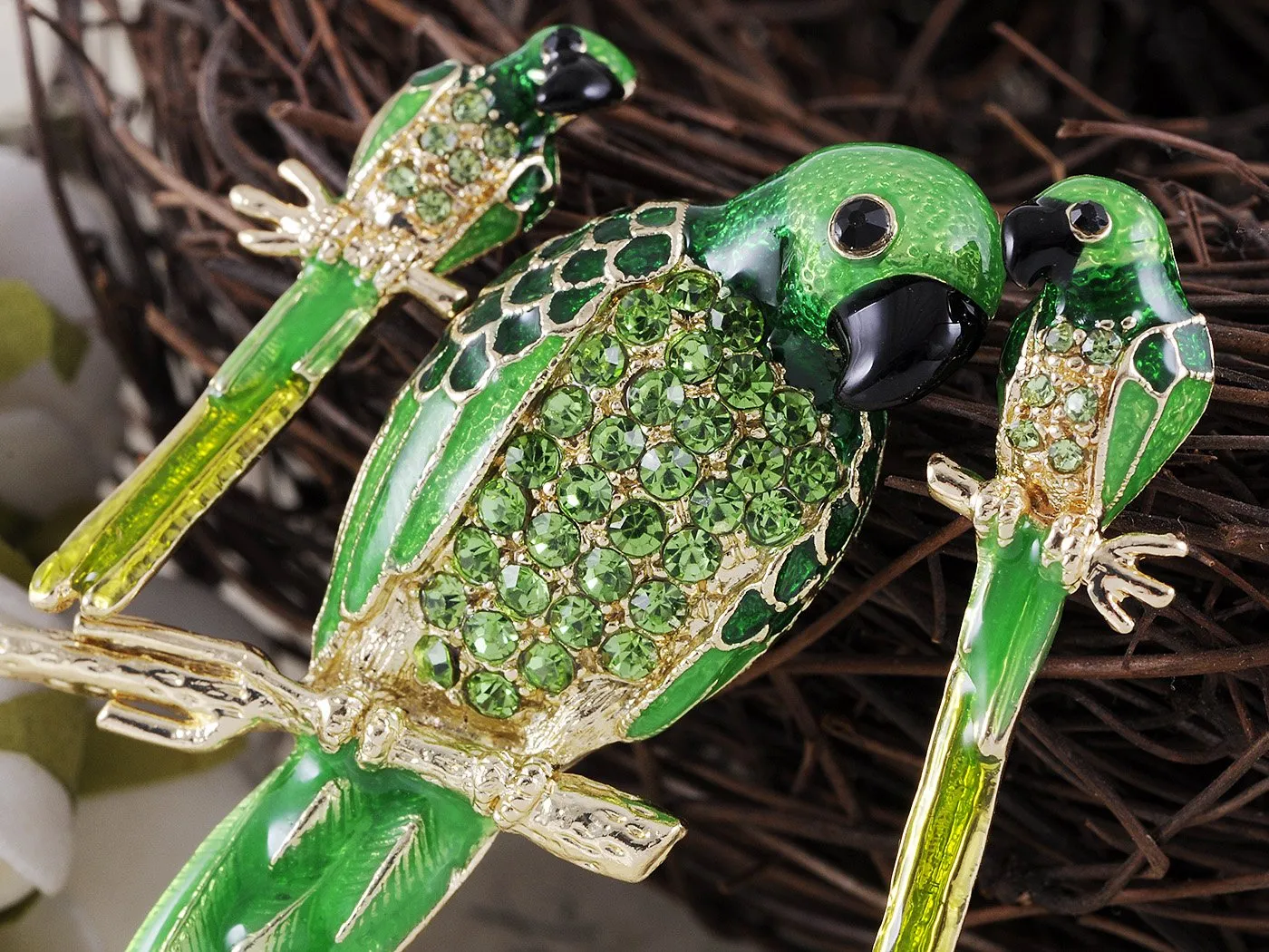 Alilang Painted Crystal Rhinestone Perch Parrot Pin Brooch Earring Set Green