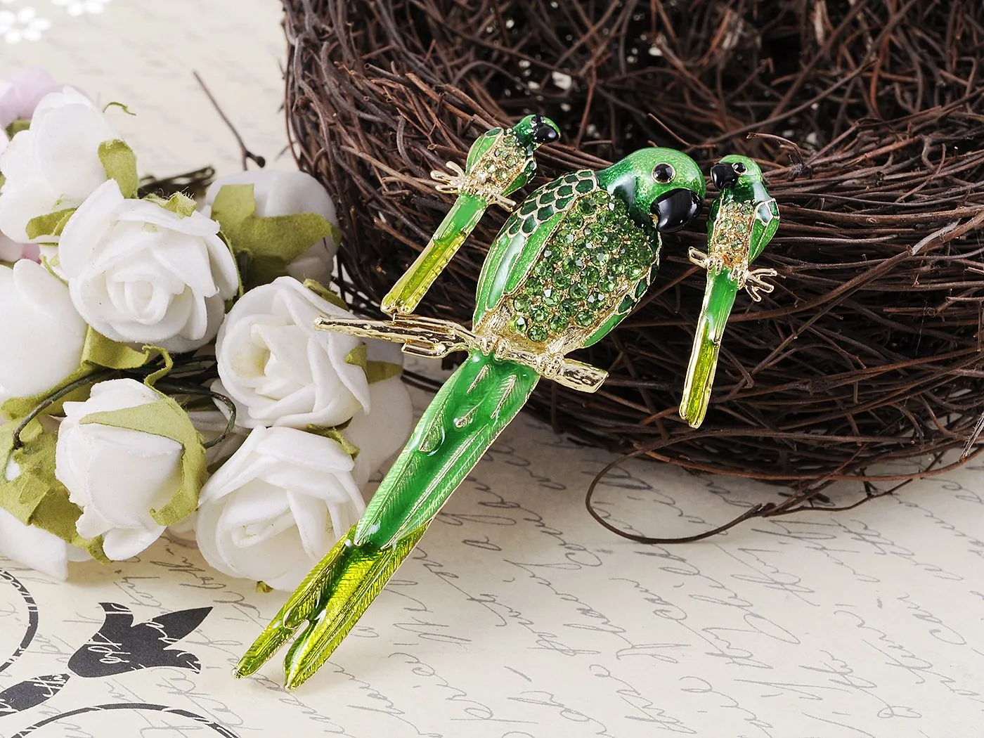 Alilang Painted Crystal Rhinestone Perch Parrot Pin Brooch Earring Set Green