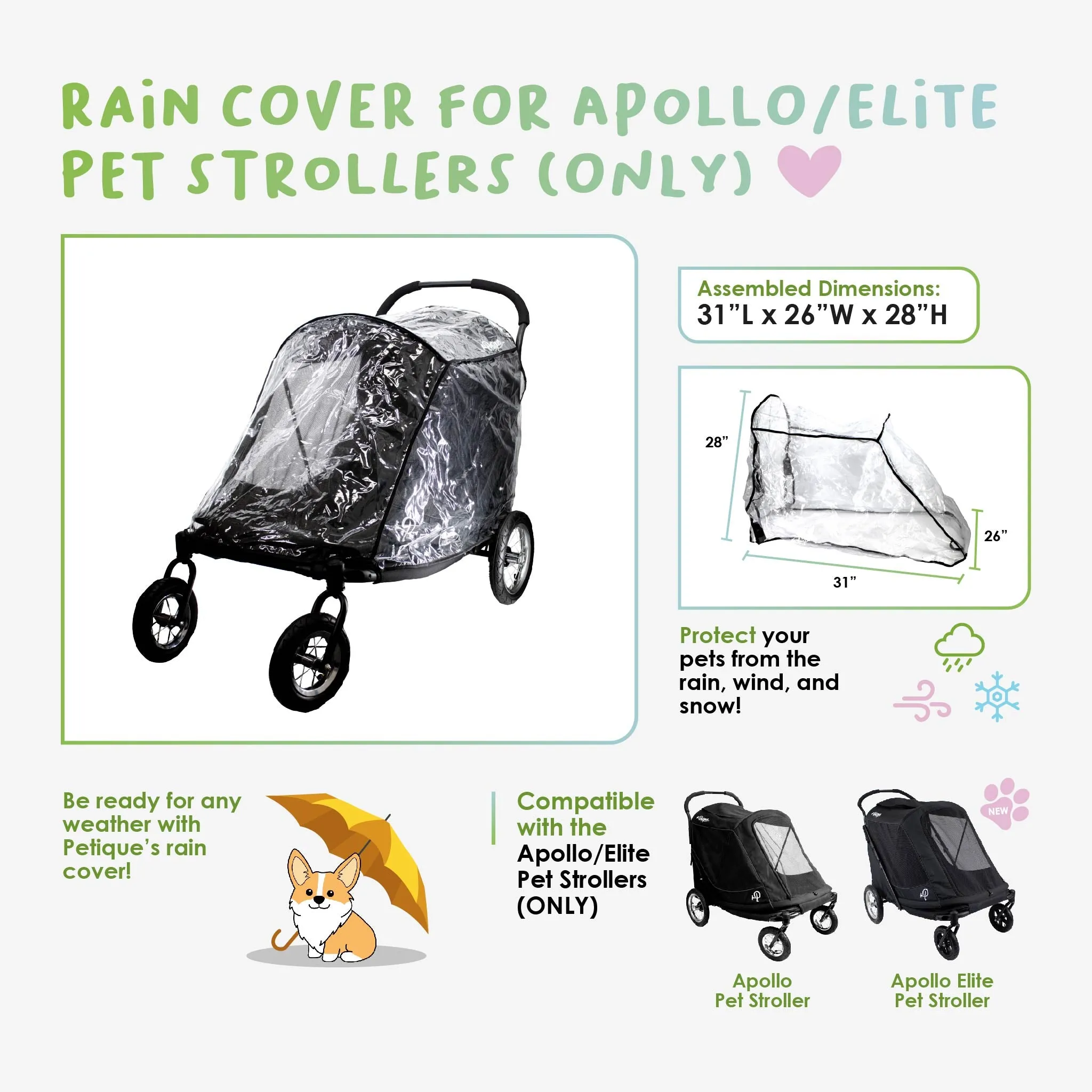Apollo/Elite Pet Stroller Rain Cover ONLY, Weather Protection Snow/Rain/Wind Cover for Dog/Cat/Pet Stroller with Ventilation, Foldable, Clear, One Size (COMPATIBLE WITH PETIQUE APOLLO/ELITE PET STROLLER ONLY)