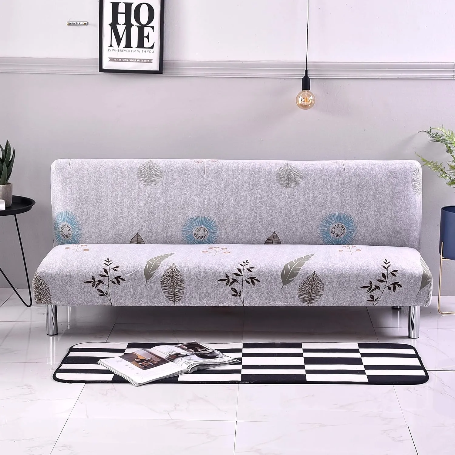 Armless Sofa Cover Futon Slipcover Stretch Spandex Printed Folding Sofa Bed Non-Armrest Couch Furniture Protector Washable Sofa Cover Without Armrests (Grey Leaves)
