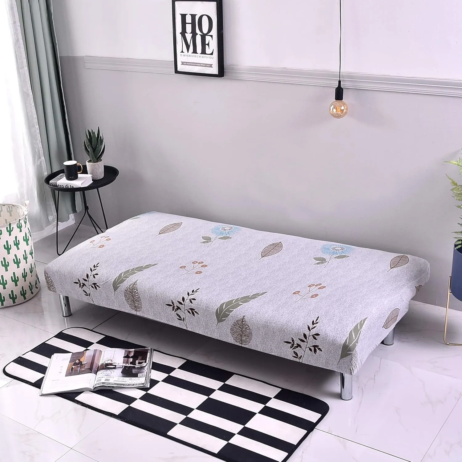 Armless Sofa Cover Futon Slipcover Stretch Spandex Printed Folding Sofa Bed Non-Armrest Couch Furniture Protector Washable Sofa Cover Without Armrests (Grey Leaves)