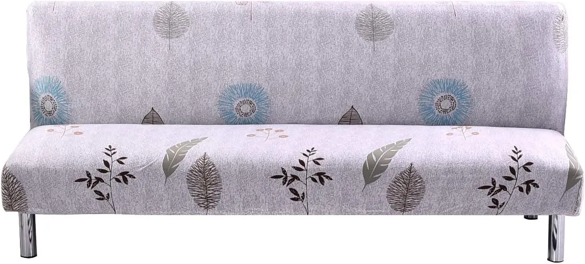 Armless Sofa Cover Futon Slipcover Stretch Spandex Printed Folding Sofa Bed Non-Armrest Couch Furniture Protector Washable Sofa Cover Without Armrests (Grey Leaves)