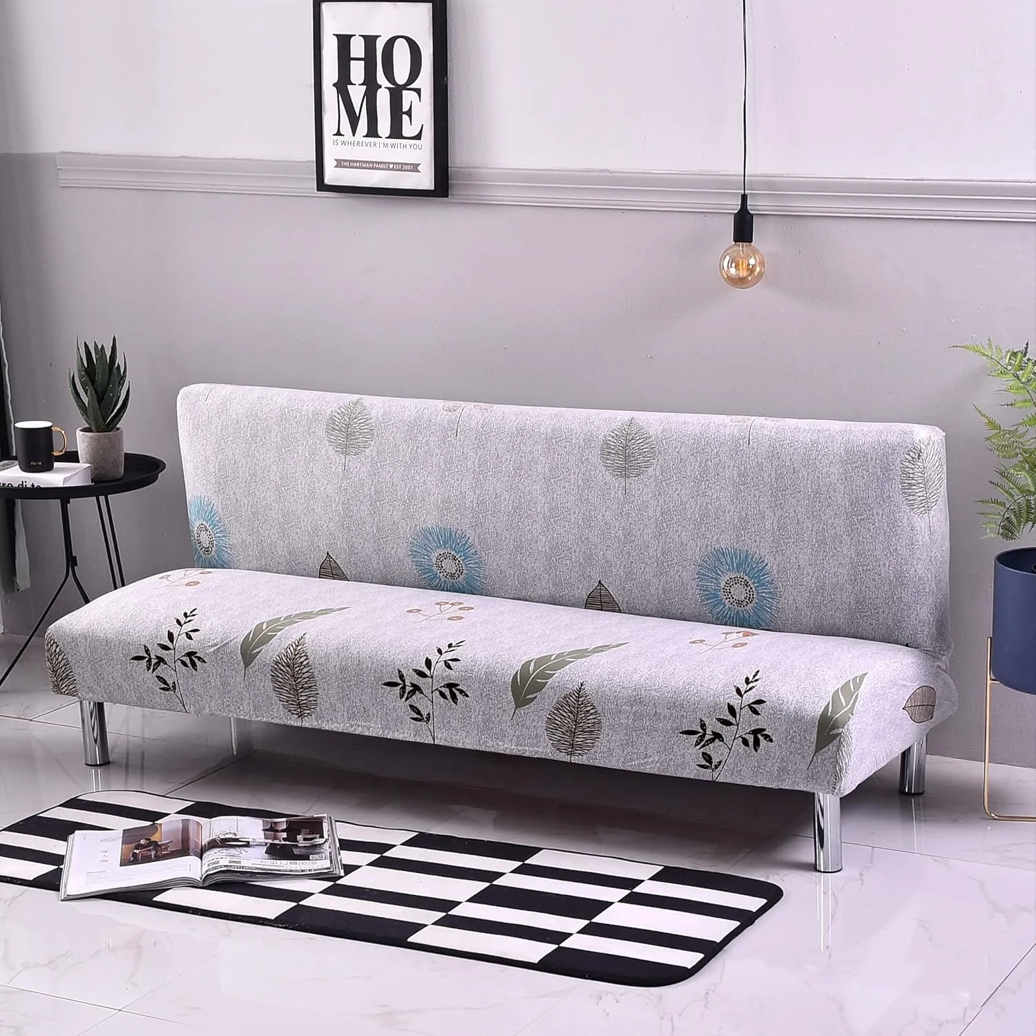 Armless Sofa Cover Futon Slipcover Stretch Spandex Printed Folding Sofa Bed Non-Armrest Couch Furniture Protector Washable Sofa Cover Without Armrests (Grey Leaves)