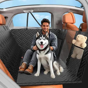 Back Seat Extender for Dogs,Waterproof Hard Bottom Dog Car Seat Cover for Back Seat with Mesh Window and Storage Pocket Sturdy Stable Foldable Dog Hammock for Car Dog Car Bed for Cars,SUVs