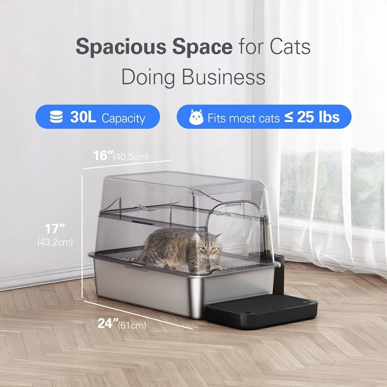 Barhon Stainless Steel Litter Box with Lid, Covered Cat Litter Boxes for Big Cat, Extra Large Enclosed Metal Litter Box with High Sides, Removable Lid, Non-Sticky, Easy to Clean (Black)