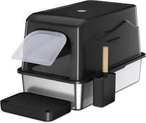 Barhon Stainless Steel Litter Box with Lid, Covered Cat Litter Boxes for Big Cat, Extra Large Enclosed Metal Litter Box with High Sides, Removable Lid, Non-Sticky, Easy to Clean (Black)