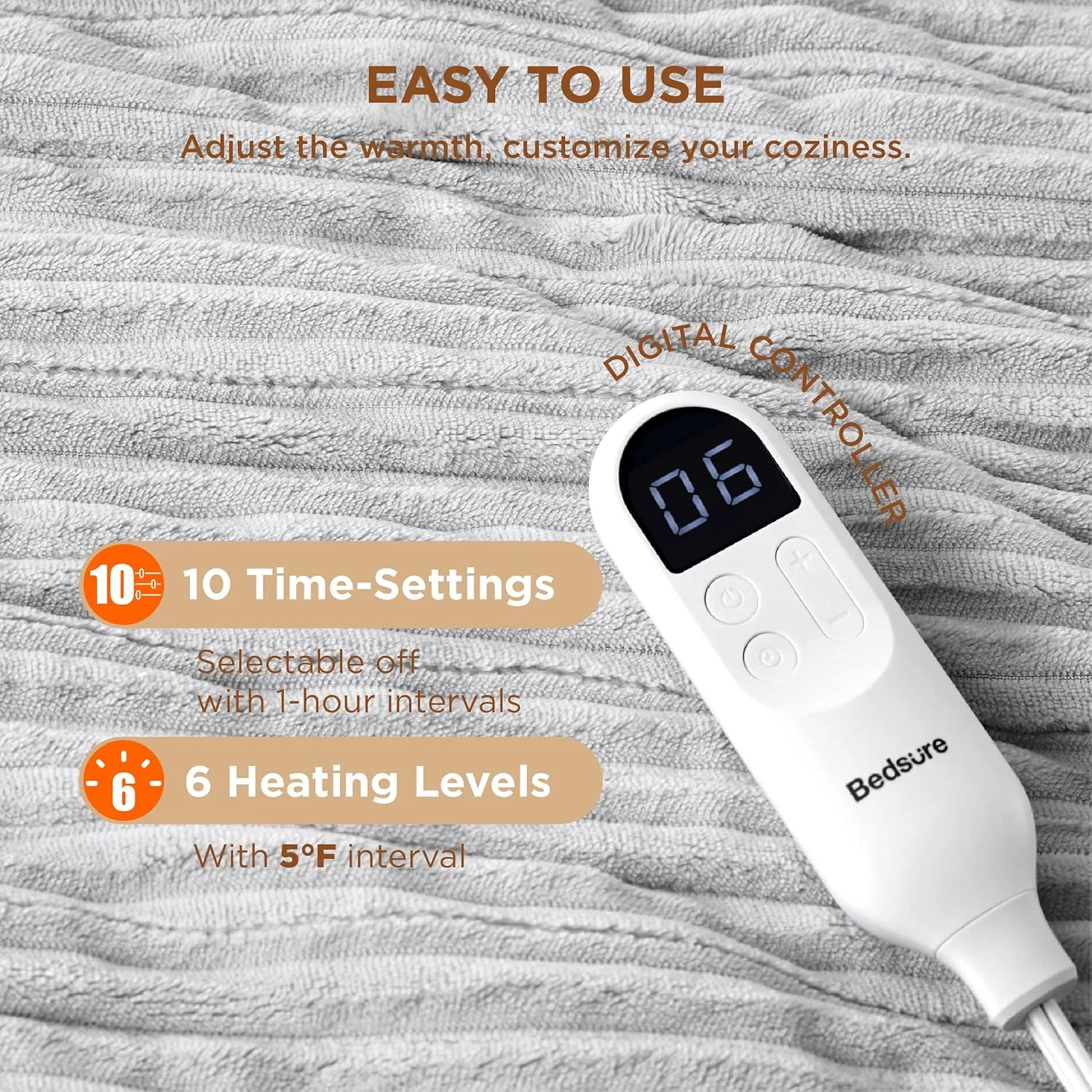 Bedsure Electric Blanket Full Size - Soft Ribbed Flannel Heated Blanket with 6 Heat Settings, Heating with 10 Time Settings, 8 hrs Timer Auto Shut Off, Warm Gift for Grandma (72x84 inches, Light Grey)