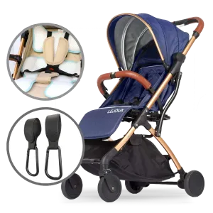 Blue Foldable & Lightweight Pram Bundle With Breathable Cushion & Bag Clips