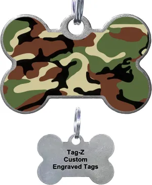 Camo Pet ID Tag Collection, Circle & Bone Shaped, Custom Engraved Pet Identification Tag (Woodland Camo, Bone)
