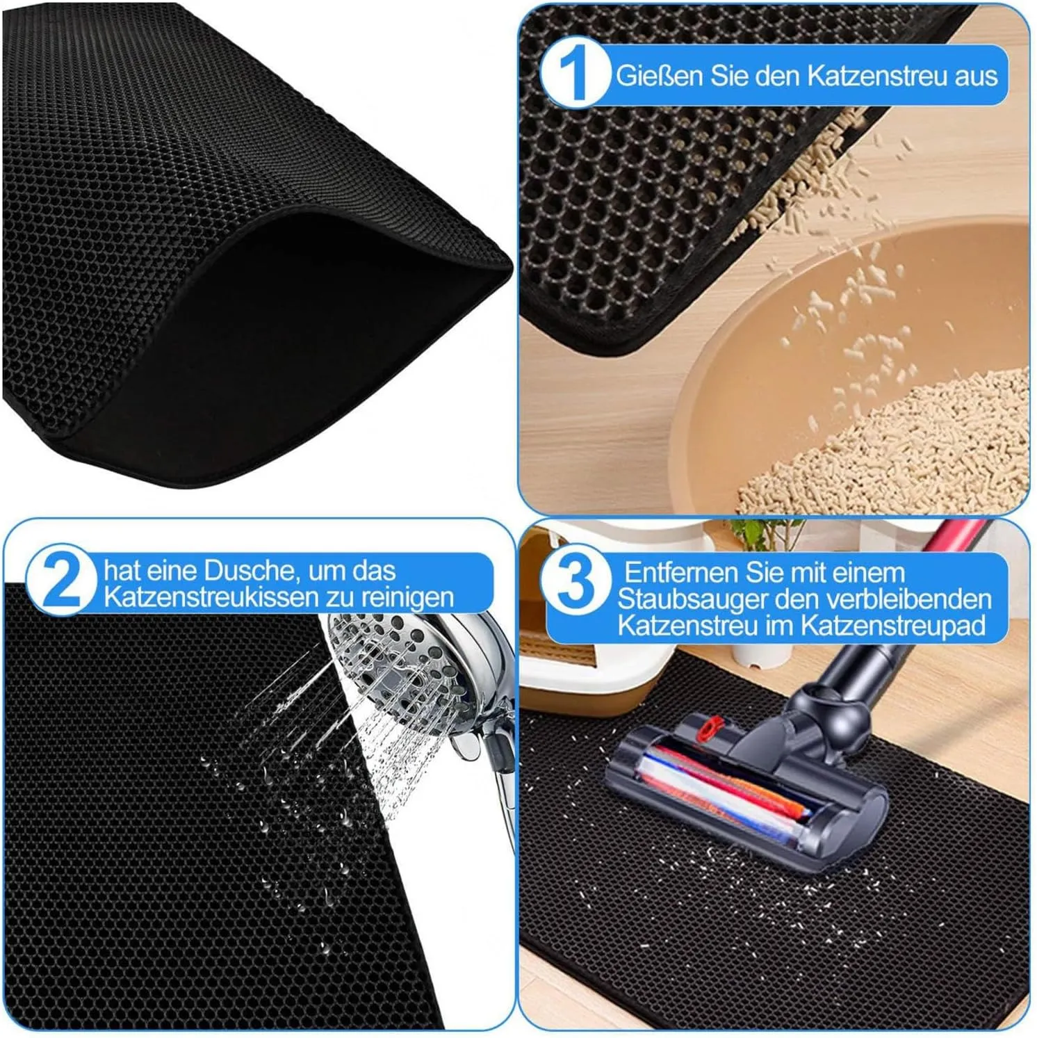 Cat Litter Box Mat, Honeycomb Double Layer Easy Clean Cat Litter Trap Mat Less Waste,Soft On Paws,Non-Slip, Cat Litter Catcher Mat,Green-L