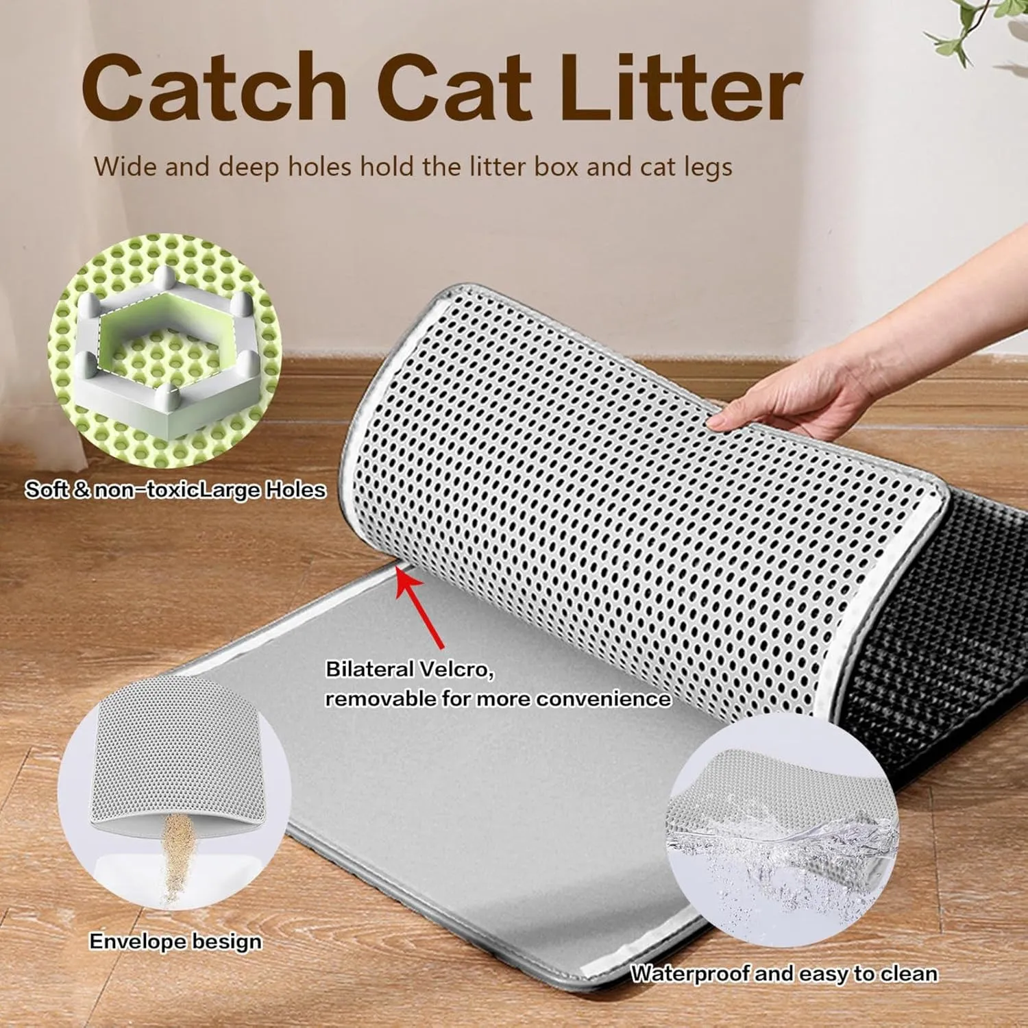 Cat Litter Box Mat, Honeycomb Double Layer Easy Clean Cat Litter Trap Mat Less Waste,Soft On Paws,Non-Slip, Cat Litter Catcher Mat,Green-L