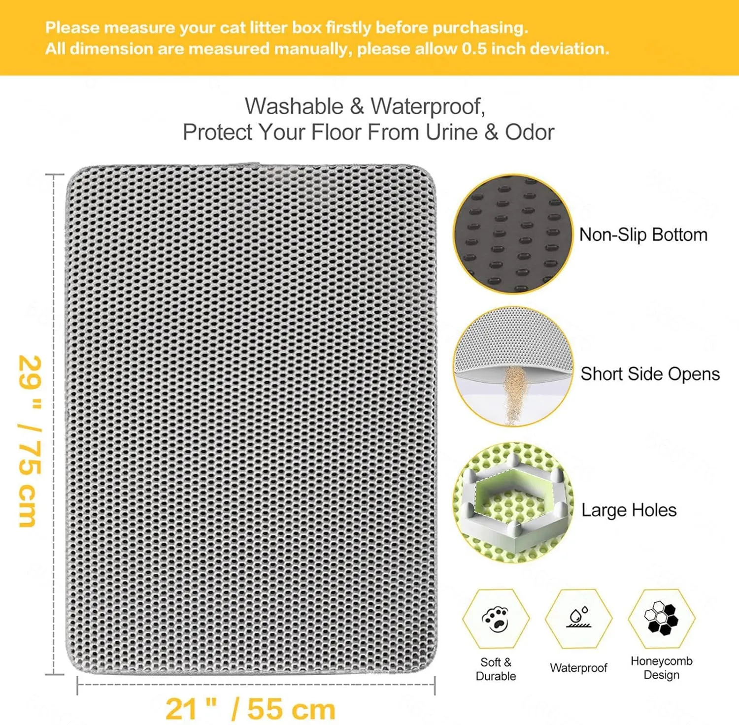 Cat Litter Box Mat, Honeycomb Double Layer Easy Clean Cat Litter Trap Mat Less Waste,Soft On Paws,Non-Slip, Cat Litter Catcher Mat,Green-L