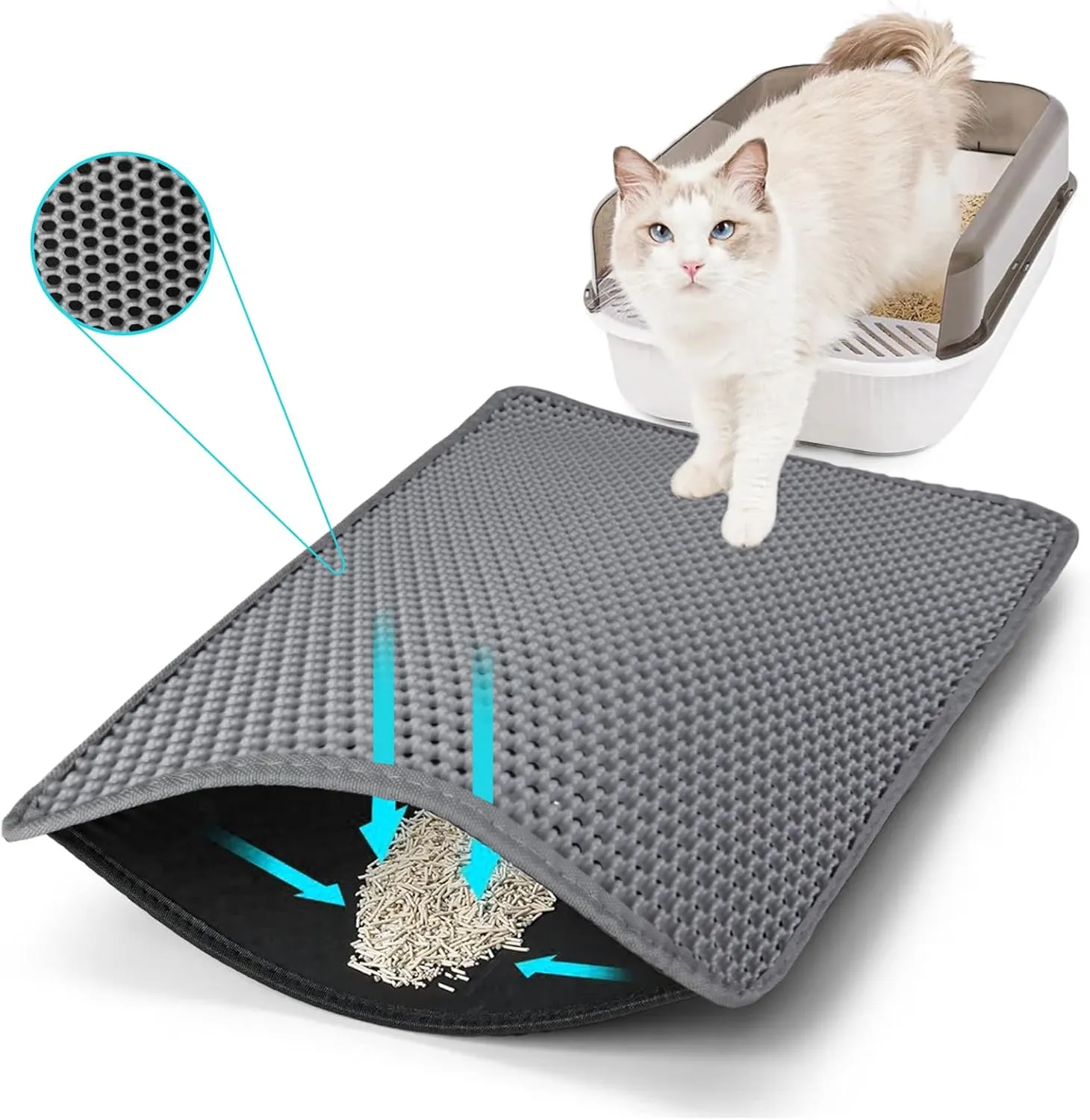 Cat Litter Mat, Kitty Litter Collector, Double Layered Honeycomb Design Waterproof, Anti Urine, Anti Slip, Easy to Clean, Limit Garbage (30"x24", Grey)
