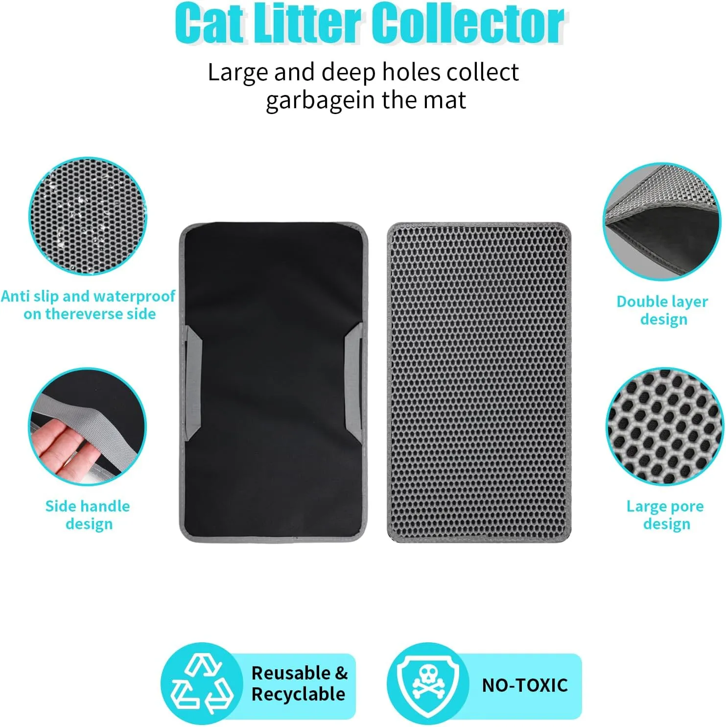 Cat Litter Mat, Kitty Litter Collector, Double Layered Honeycomb Design Waterproof, Anti Urine, Anti Slip, Easy to Clean, Limit Garbage (30"x24", Grey)
