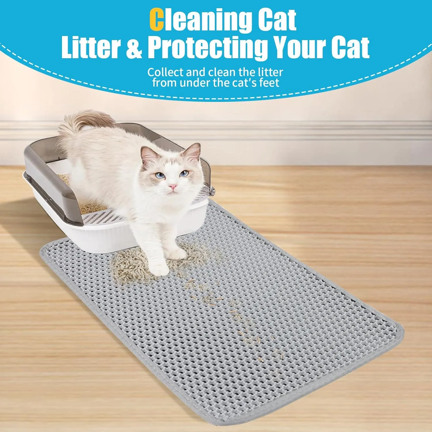Cat Litter Mat, Kitty Litter Collector, Double Layered Honeycomb Design Waterproof, Anti Urine, Anti Slip, Easy to Clean, Limit Garbage (30"x24", Grey)
