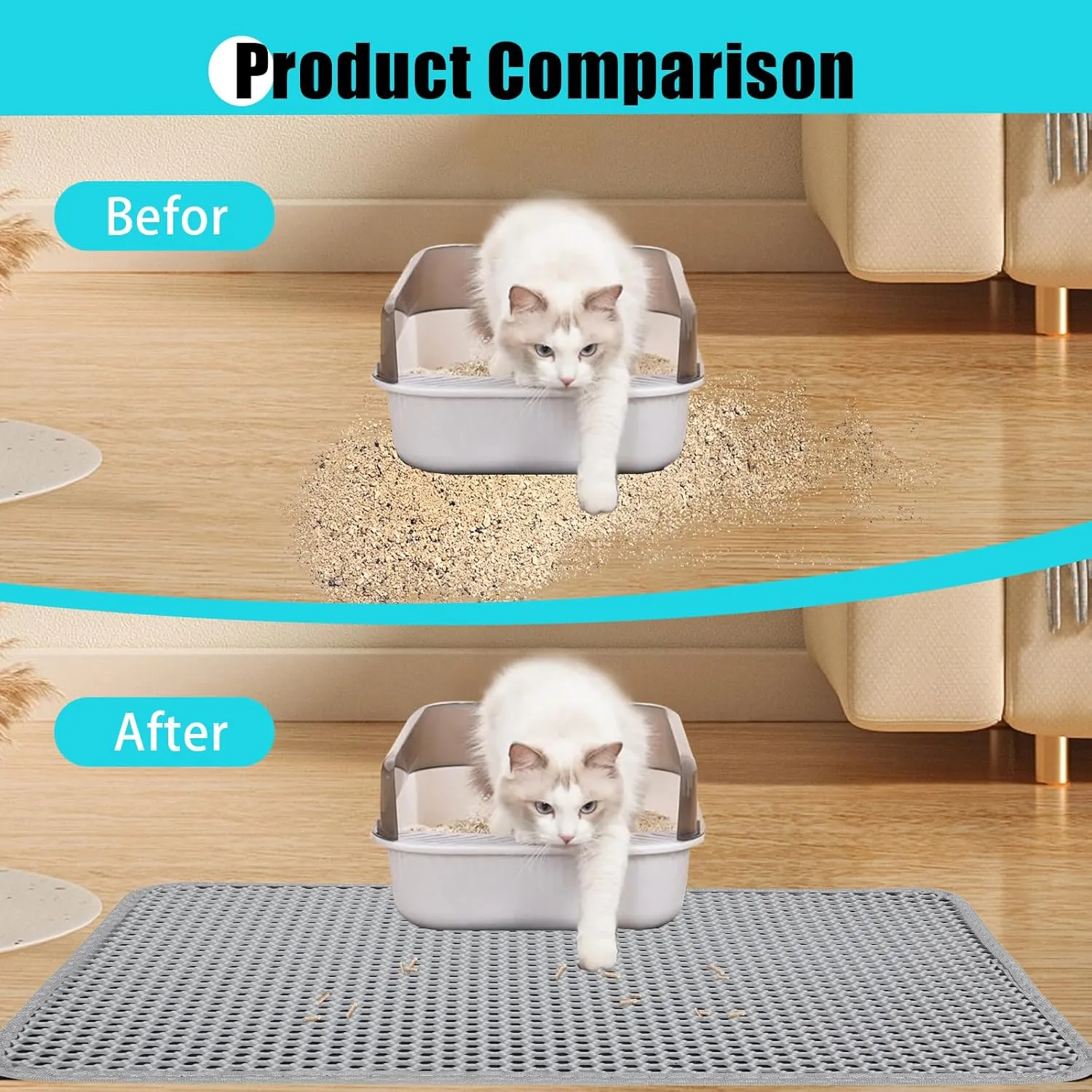 Cat Litter Mat, Kitty Litter Collector, Double Layered Honeycomb Design Waterproof, Anti Urine, Anti Slip, Easy to Clean, Limit Garbage (30"x24", Grey)