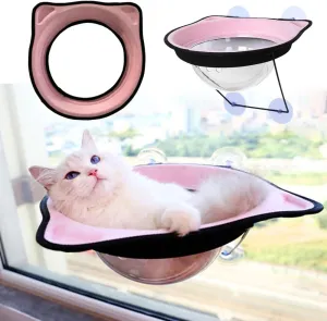Cat Window Perch, Capsule Sunbathing Bed, Japard Small Hammock with 4 Suction Cups, Round Hanging Seat 9.4" W x 7.5" D, Pink