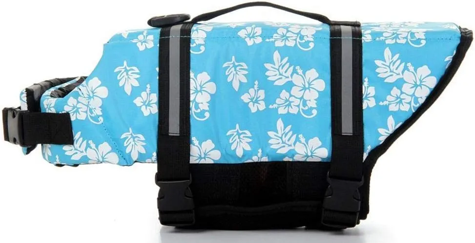 ChezAbbey Dog Life Jacket Adjustable Dog Lifevest Swimsuit Safety Vest Apparel Lifesaver Coat for Small Large Cats Puppy Kitty with Handle Reflective for Swimming and Boating Blue Flower M