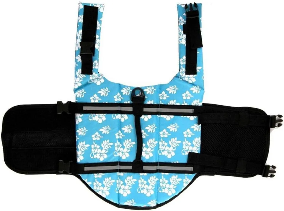 ChezAbbey Dog Life Jacket Adjustable Dog Lifevest Swimsuit Safety Vest Apparel Lifesaver Coat for Small Large Cats Puppy Kitty with Handle Reflective for Swimming and Boating Blue Flower M
