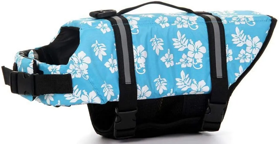 ChezAbbey Dog Life Jacket Adjustable Dog Lifevest Swimsuit Safety Vest Apparel Lifesaver Coat for Small Large Cats Puppy Kitty with Handle Reflective for Swimming and Boating Blue Flower M