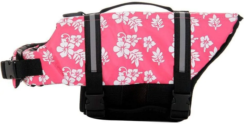 ChezAbbey Dog Life Jacket Adjustable Dog Lifevest Swimsuit Safety Vest Apparel Lifesaver Coat for Small Large Cats Puppy Kitty with Handle Reflective for Swimming and Boating Pink Flower M