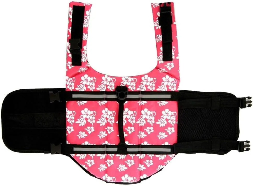 ChezAbbey Dog Life Jacket Adjustable Dog Lifevest Swimsuit Safety Vest Apparel Lifesaver Coat for Small Large Cats Puppy Kitty with Handle Reflective for Swimming and Boating Pink Flower M