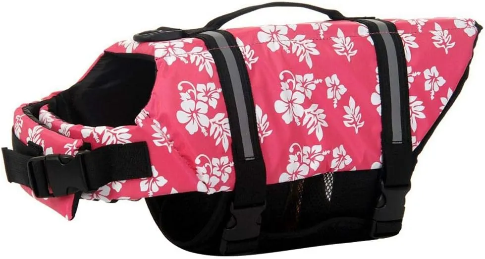 ChezAbbey Dog Life Jacket Adjustable Dog Lifevest Swimsuit Safety Vest Apparel Lifesaver Coat for Small Large Cats Puppy Kitty with Handle Reflective for Swimming and Boating Pink Flower M