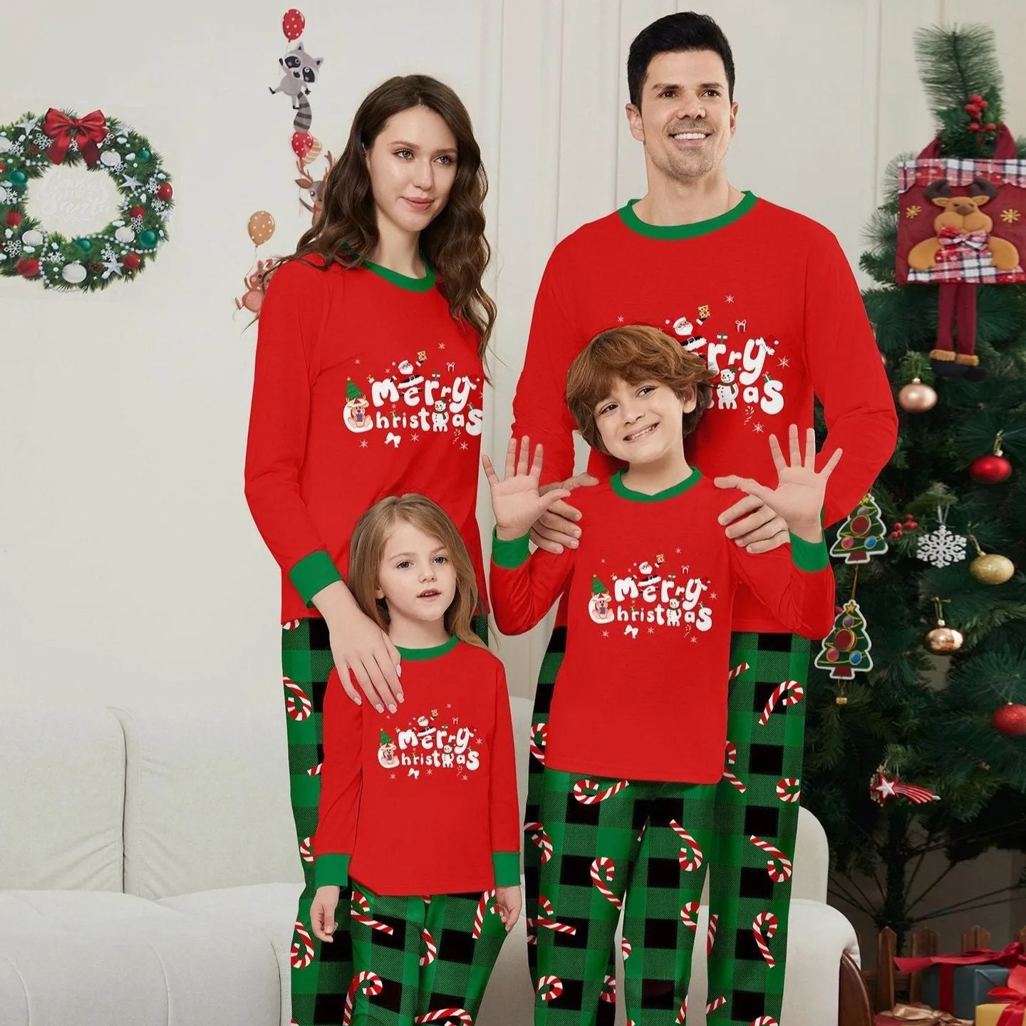 Christmas Cane Fawn Printed Family Matching Christmas Pajamas Sets