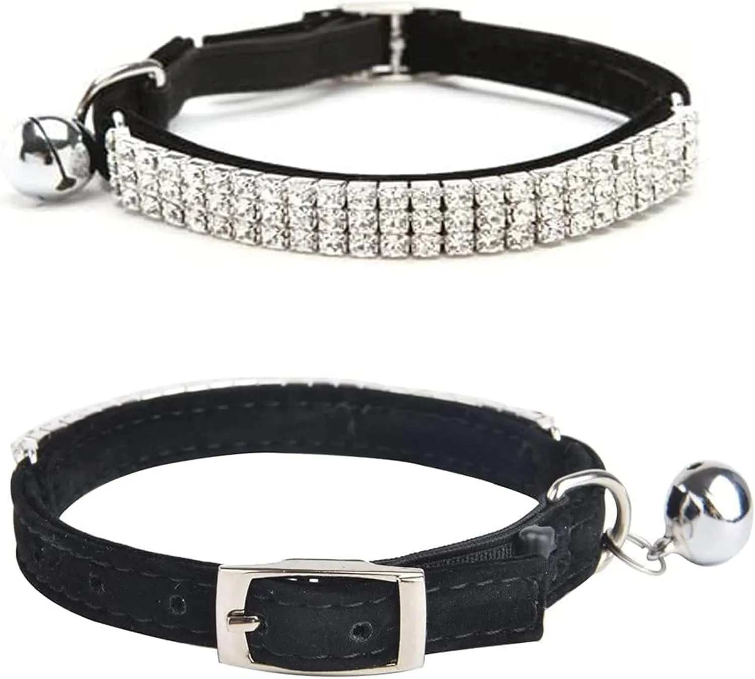 CHUKCHI Soft Velvet Safe Cat Adjustable Collar Bling Diamante with Bells,11 inch for Small Dogs and Cats (Black)
