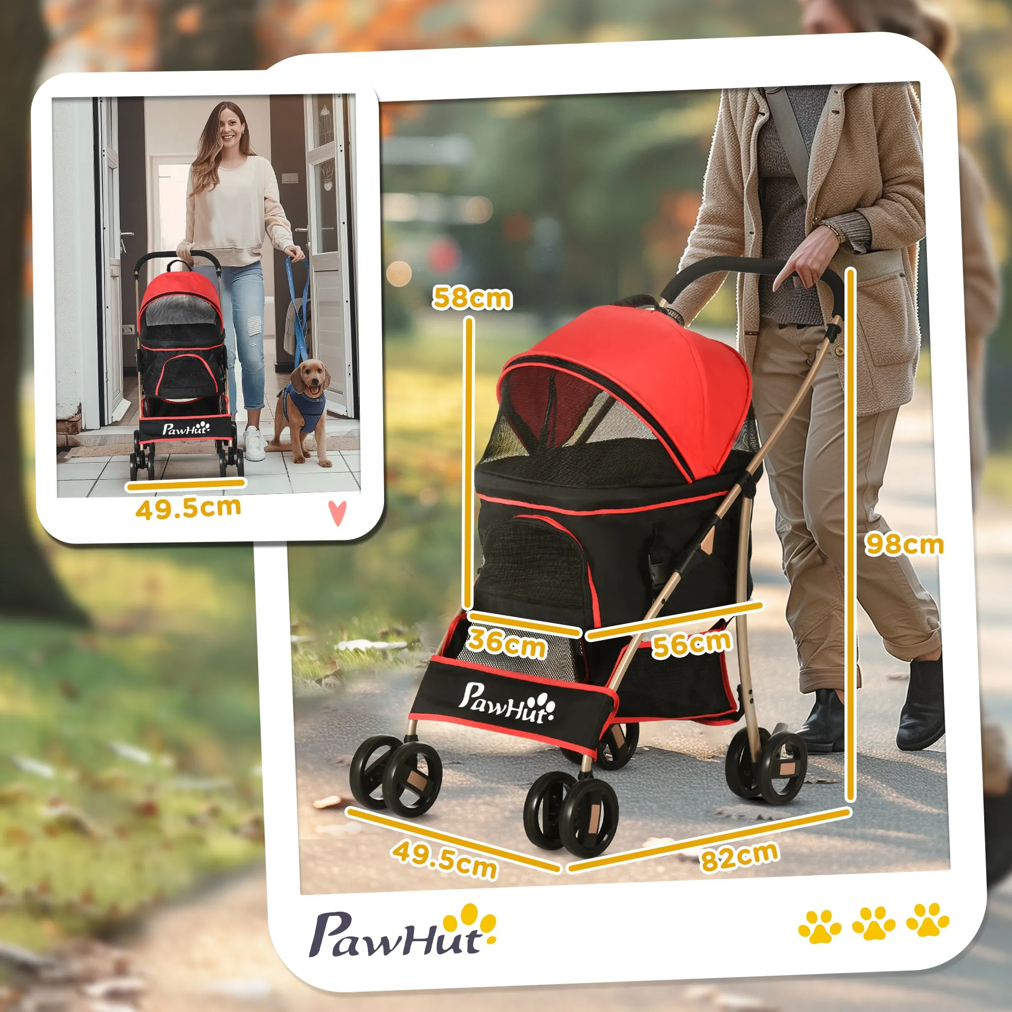 Convertible Dog Stroller with 2 Leashes and Cushion, in Steel and Polyester, 82x49.5x98 cm, Red and Black