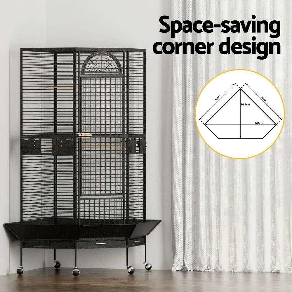 Corner Bird Cage with Perches, Trays & Wheels - i.Pet