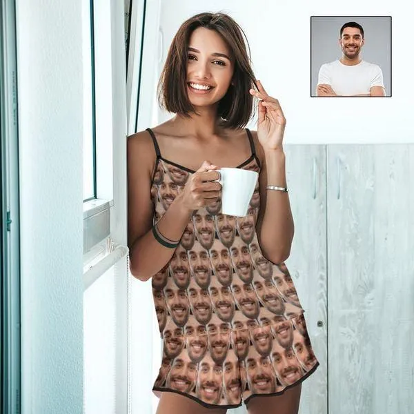 Custom Seamless Face Pajamas Personalized Women's Sexy Cami Pajamas Set Anniversary Gift