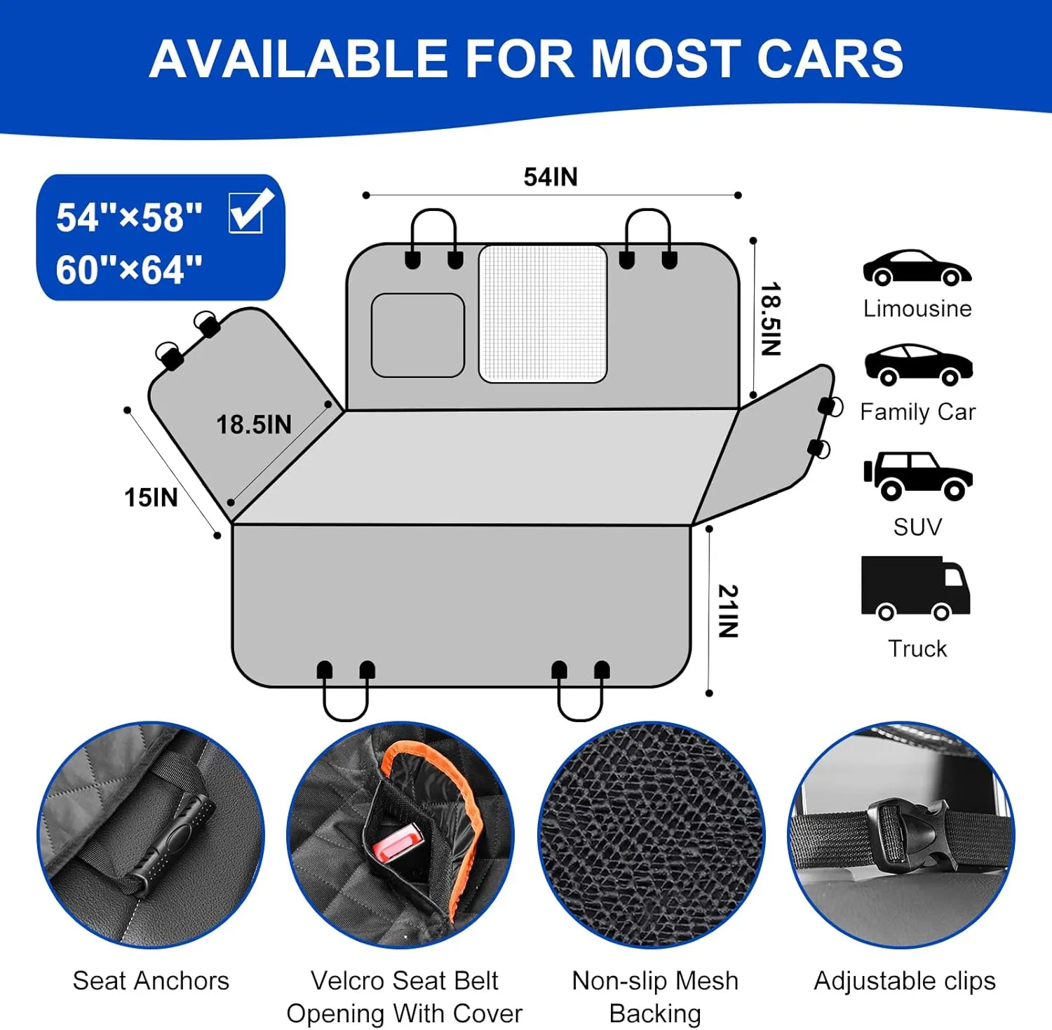 Dog Car Seat Cover for Back Seat 600D Scratchproof Nonslip Durable Waterproof Cars Pet Backseat Covers with Mesh Window Dogs Hammock for CarSUV, Truck (54" W x 58" L)