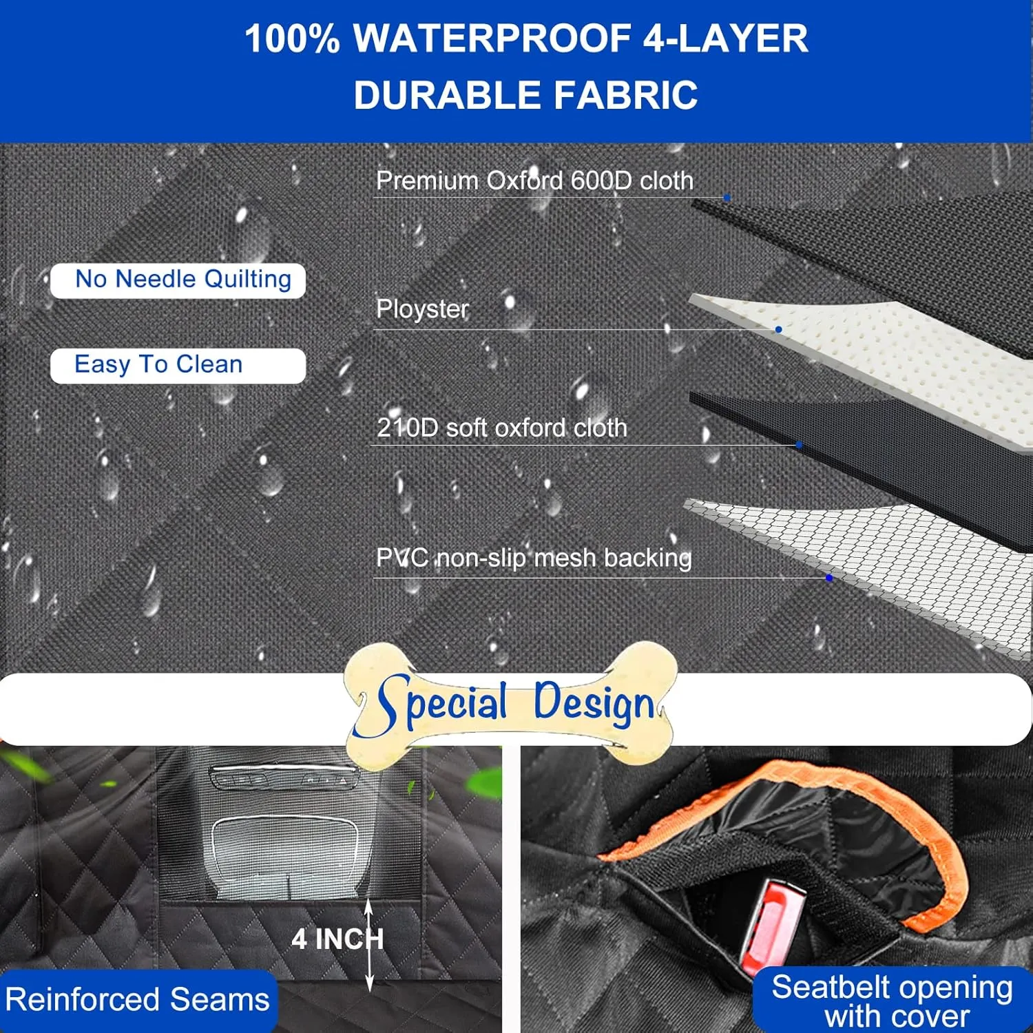Dog Car Seat Cover for Back Seat 600D Scratchproof Nonslip Durable Waterproof Cars Pet Backseat Covers with Mesh Window Dogs Hammock for CarSUV, Truck (54" W x 58" L)