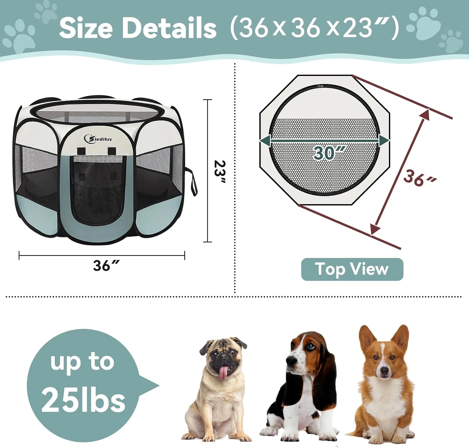 Dog Playpen, Puppy Pet Playpen, Medium Dogs Tent Crates Cage Indoor/Outdoor, Portable Pop Up Dog Kennel Playpen with Carrying Case for Dogs/Cats/Rabbits, Removable Zipper Top, Grey