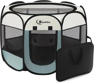 Dog Playpen, Puppy Pet Playpen, Medium Dogs Tent Crates Cage Indoor/Outdoor, Portable Pop Up Dog Kennel Playpen with Carrying Case for Dogs/Cats/Rabbits, Removable Zipper Top, Grey