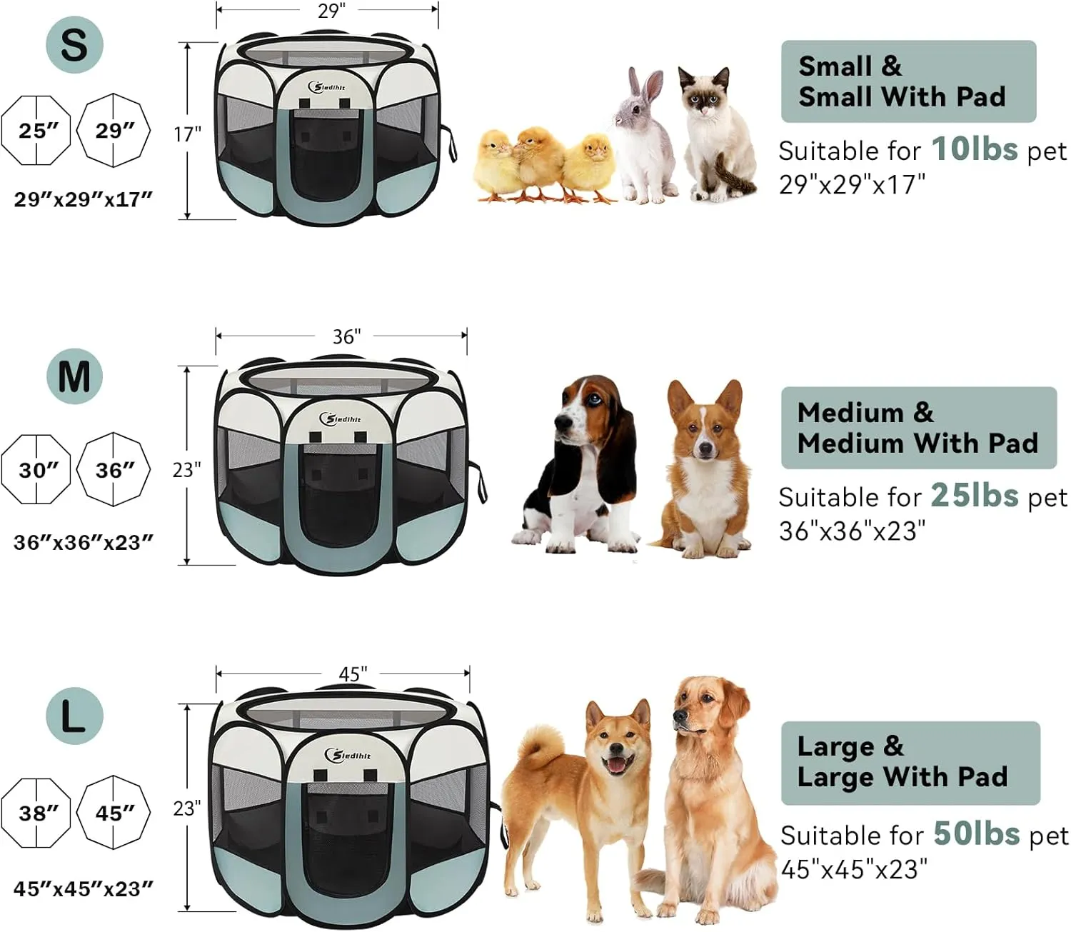 Dog Playpen, Puppy Pet Playpen, Medium Dogs Tent Crates Cage Indoor/Outdoor, Portable Pop Up Dog Kennel Playpen with Carrying Case for Dogs/Cats/Rabbits, Removable Zipper Top, Grey