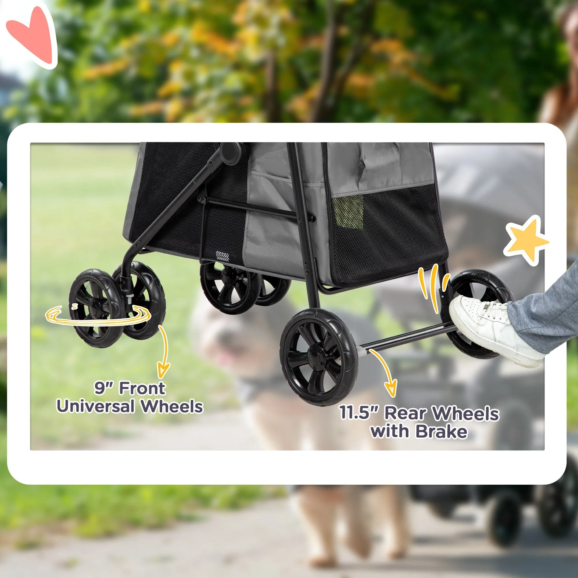 Dog Pram Dog Stroller 4 Wheels Pet Pushchair with Rolling Door, Cushion, Safety Leashes, for Small and Medium Dogs, Grey