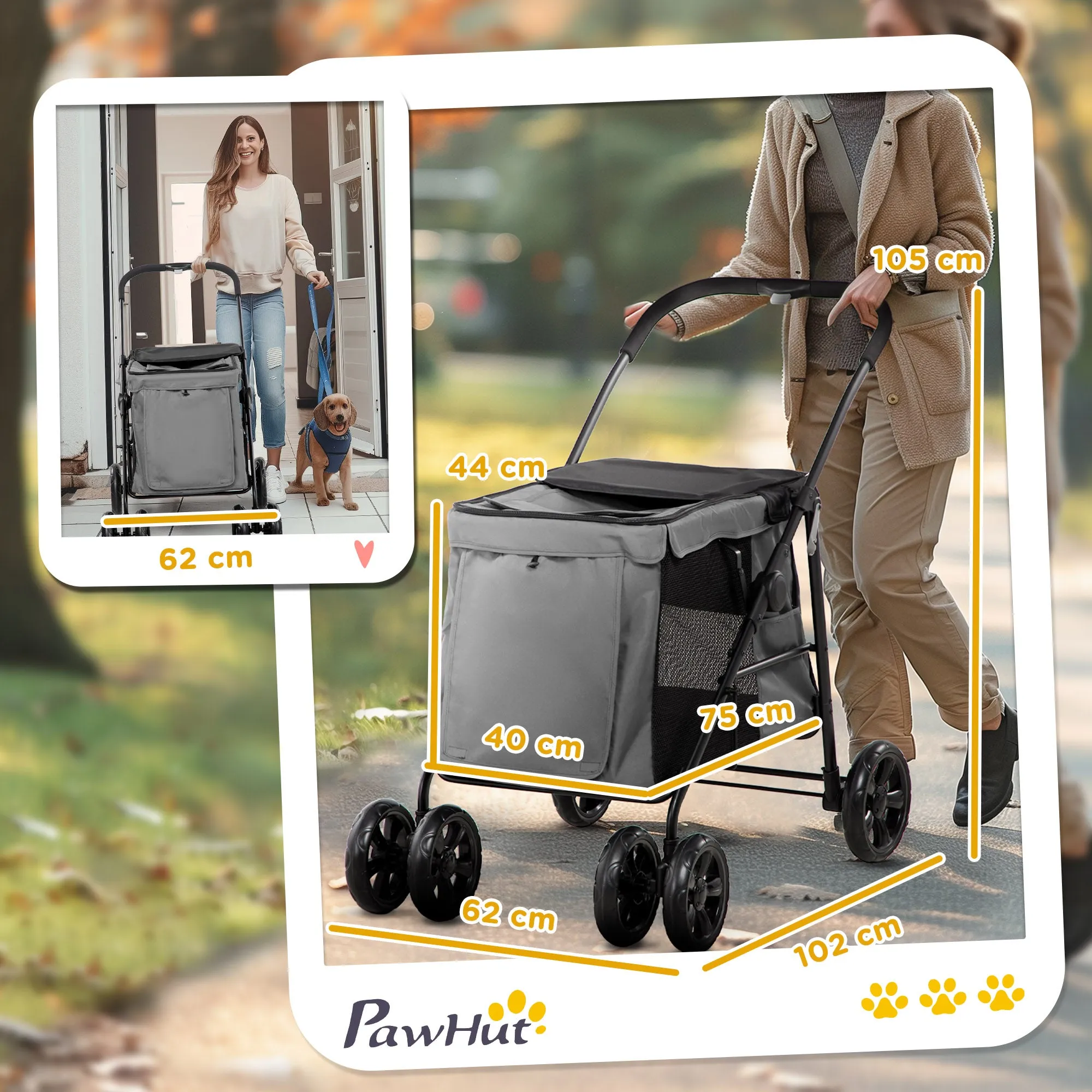 Dog Pram Dog Stroller 4 Wheels Pet Pushchair with Rolling Door, Cushion, Safety Leashes, for Small and Medium Dogs, Grey