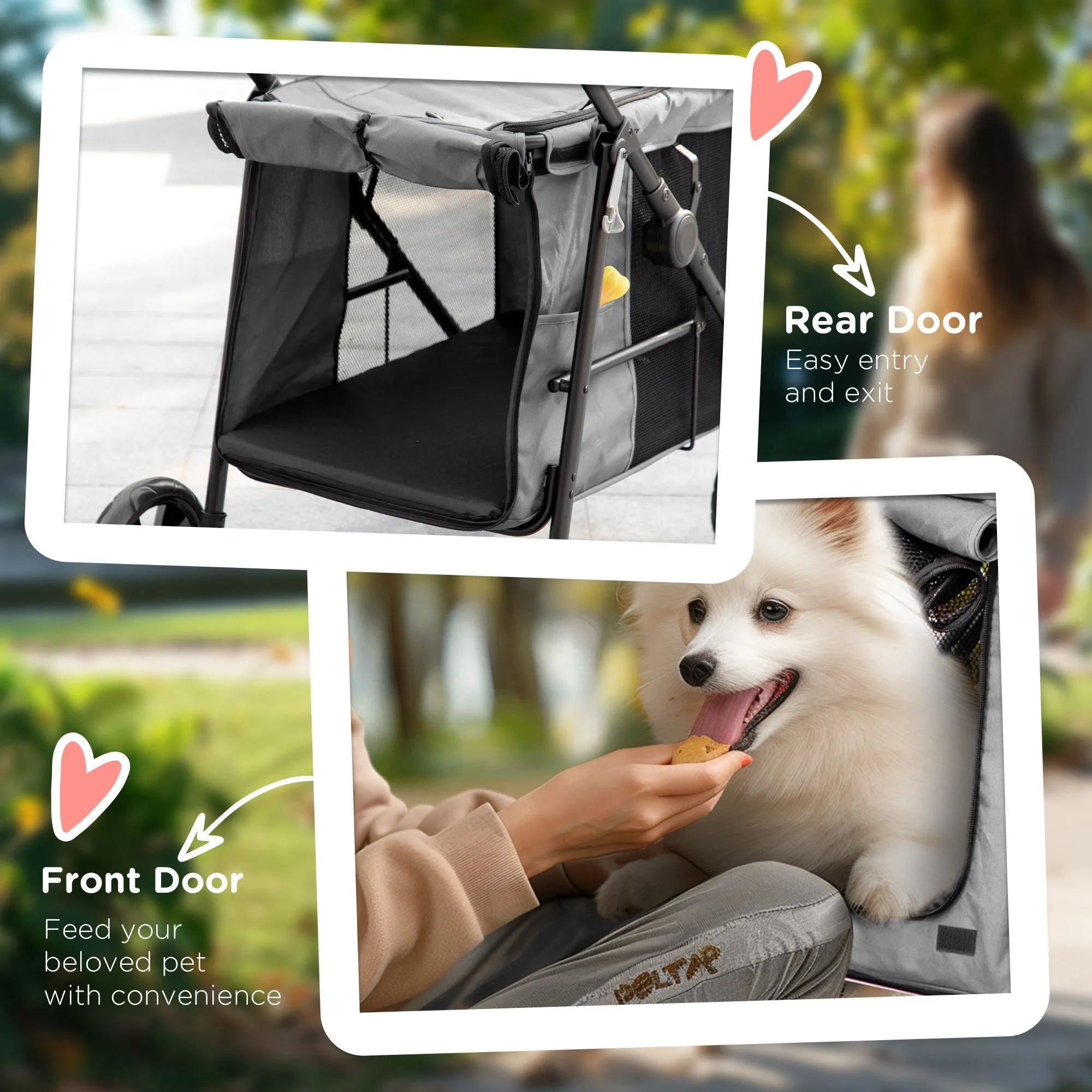 Dog Pram Dog Stroller 4 Wheels Pet Pushchair with Rolling Door, Cushion, Safety Leashes, for Small and Medium Dogs, Grey