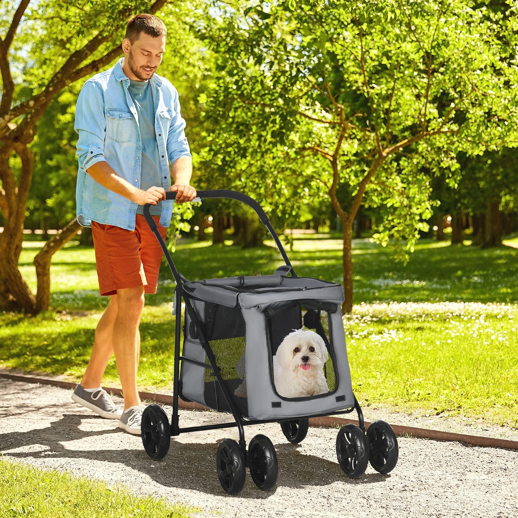 Dog Pram Dog Stroller 4 Wheels Pet Pushchair with Rolling Door, Cushion, Safety Leashes, for Small and Medium Dogs, Grey