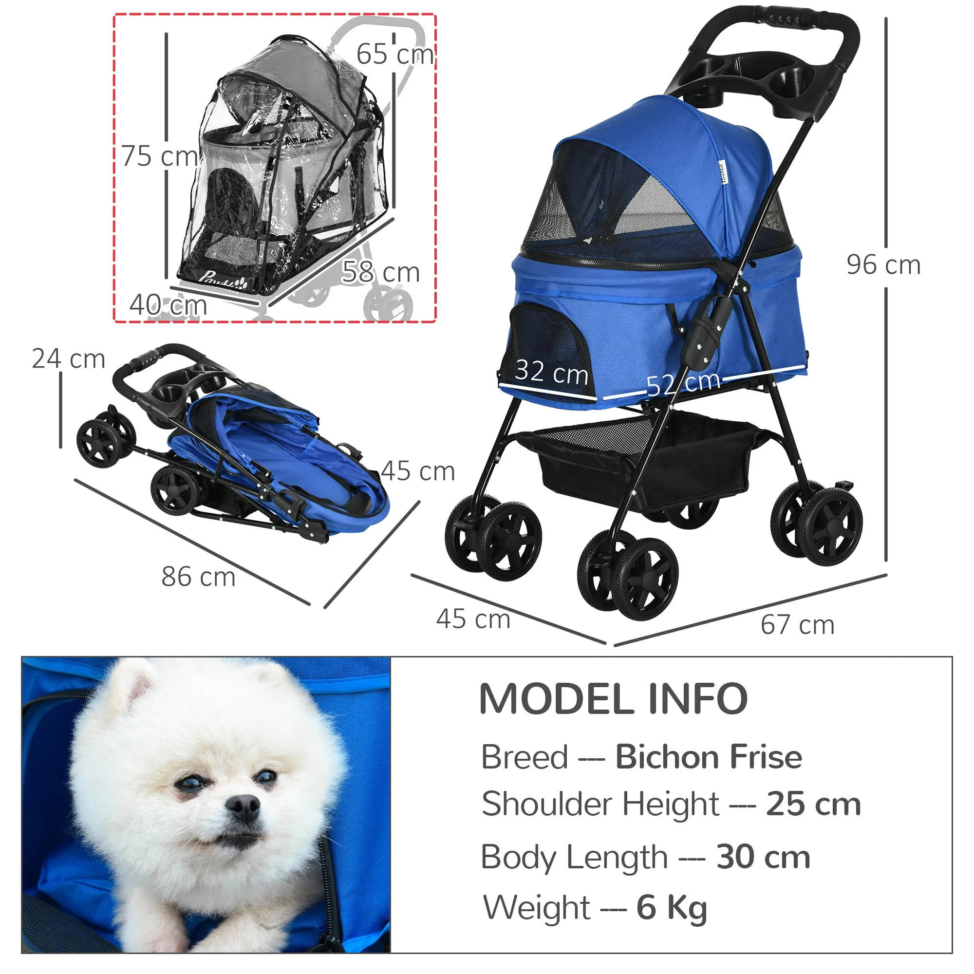 Dog Stroller with Rain Cover, Dog Pushchair One-Click Fold Trolley Jogger with EVA Wheels Brake Basket Adjustable Canopy Safety Leash for Small Dogs, Blue