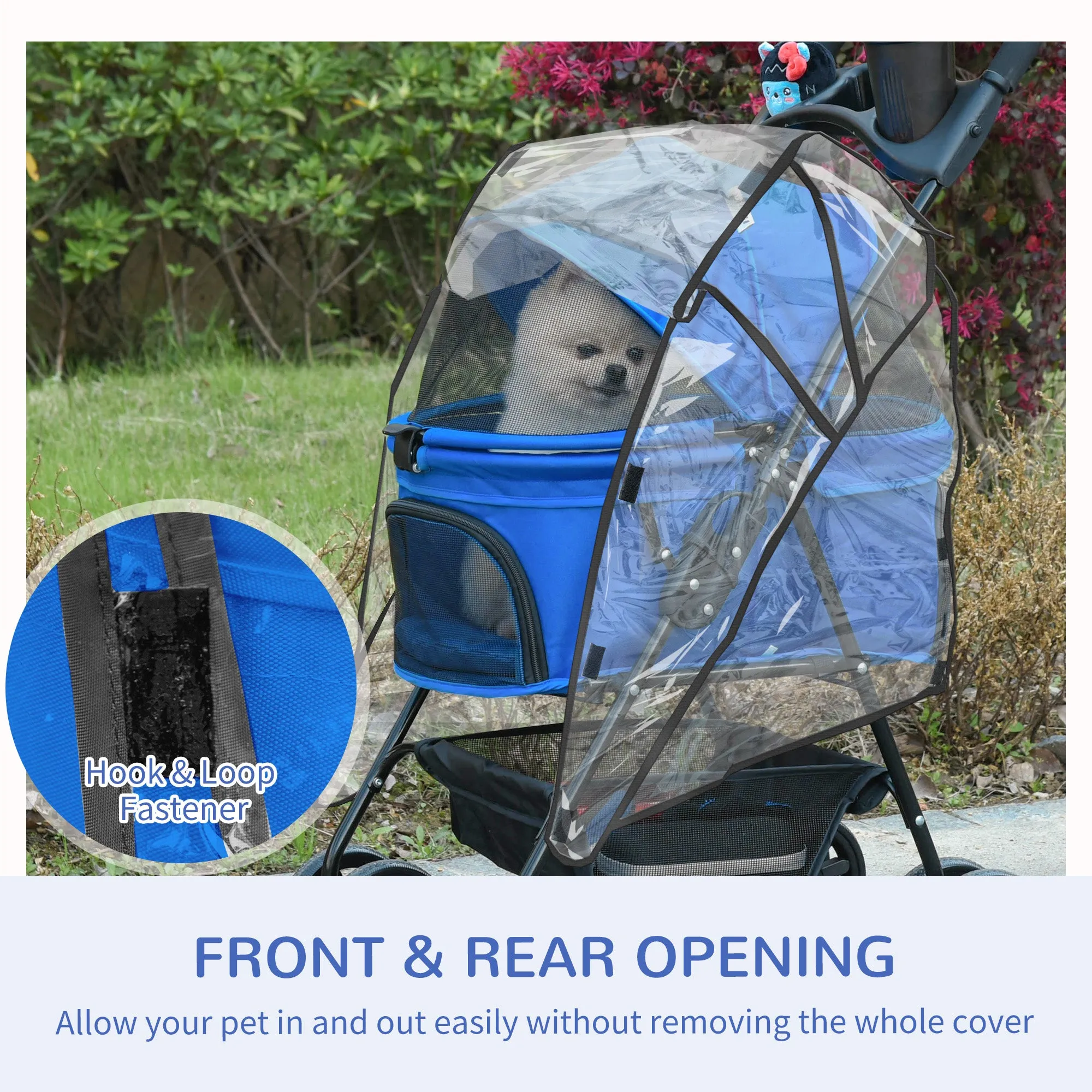 Dog Stroller with Rain Cover, Dog Pushchair One-Click Fold Trolley Jogger with EVA Wheels Brake Basket Adjustable Canopy Safety Leash for Small Dogs, Blue