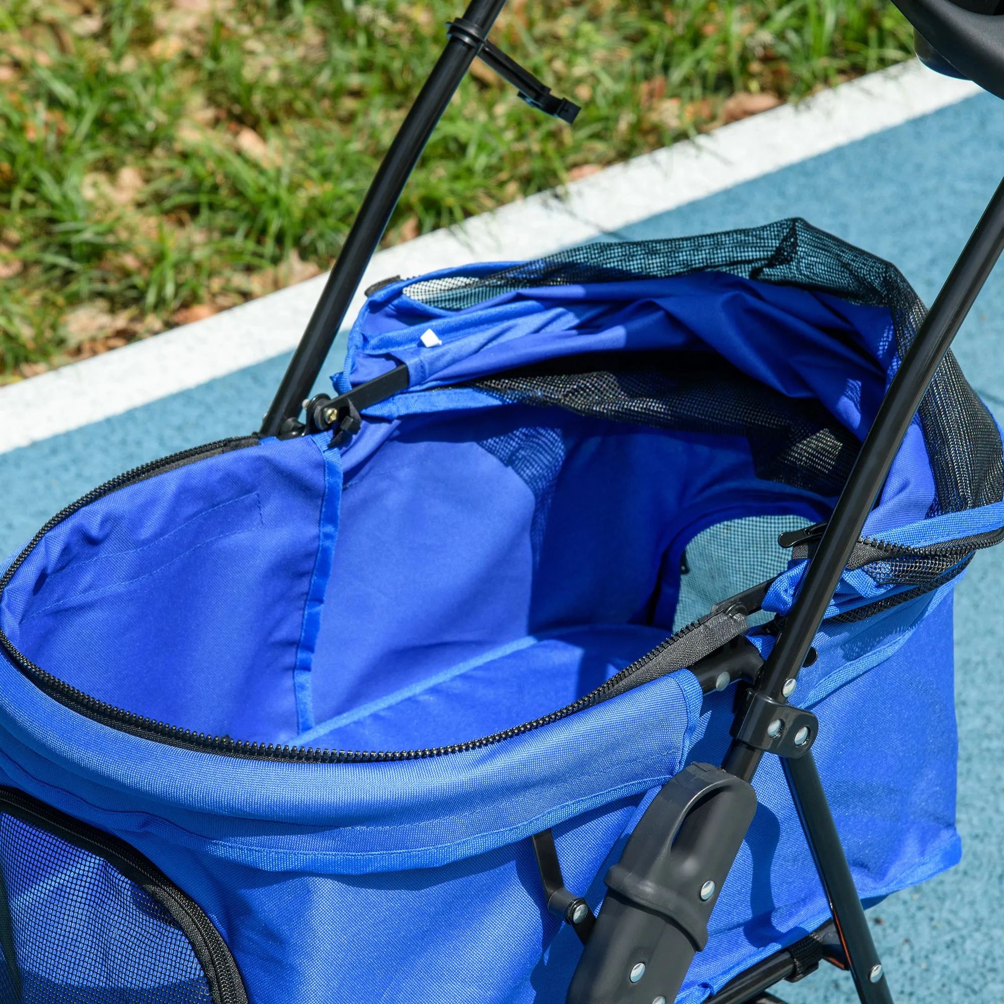 Dog Stroller with Rain Cover, Dog Pushchair One-Click Fold Trolley Jogger with EVA Wheels Brake Basket Adjustable Canopy Safety Leash for Small Dogs, Blue