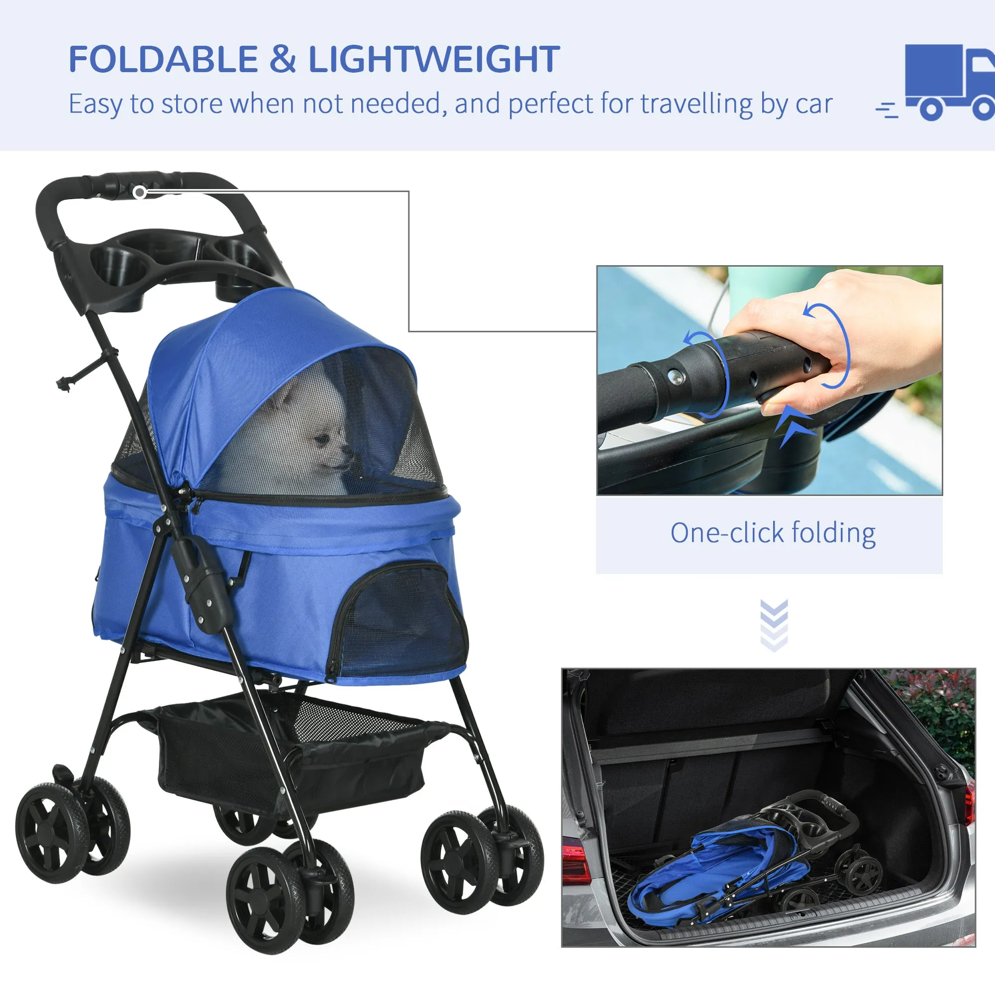 Dog Stroller with Rain Cover, Dog Pushchair One-Click Fold Trolley Jogger with EVA Wheels Brake Basket Adjustable Canopy Safety Leash for Small Dogs, Blue