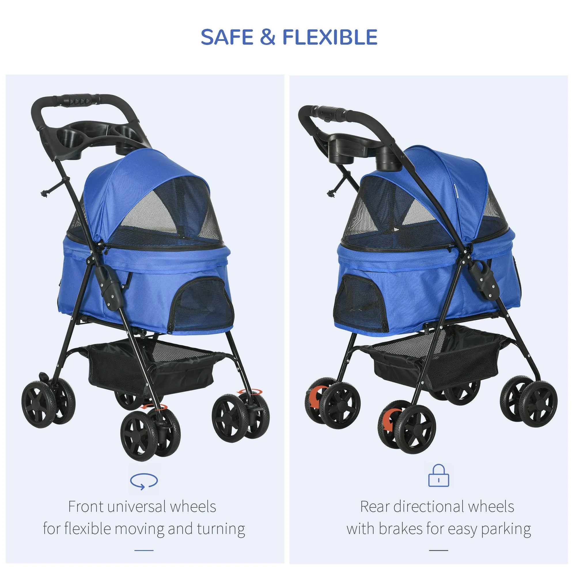 Dog Stroller with Rain Cover, Dog Pushchair One-Click Fold Trolley Jogger with EVA Wheels Brake Basket Adjustable Canopy Safety Leash for Small Dogs, Blue