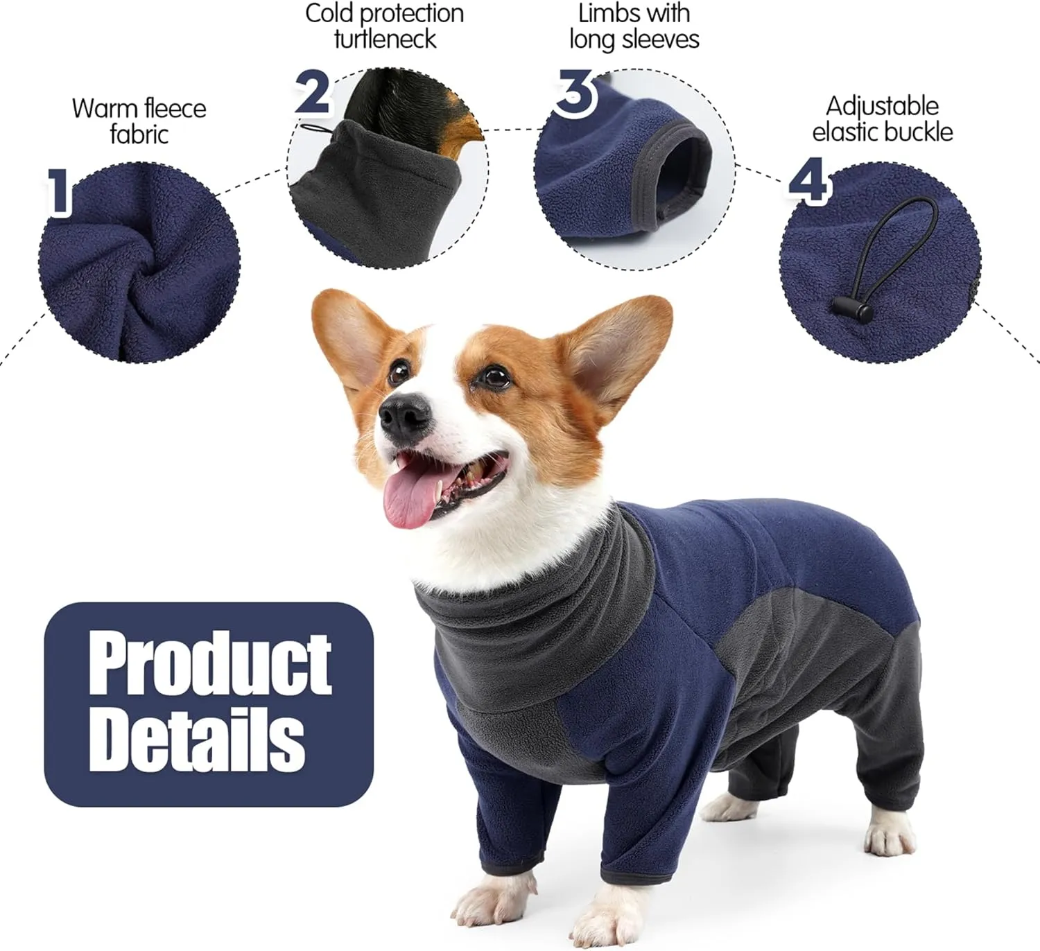 Dog Winter Coat - Warm Fleece Jacket, Windproof Pullover Jumpsuit, Fullbody Pajamas Onesie for Medium Large Dogs (Large, Blue)