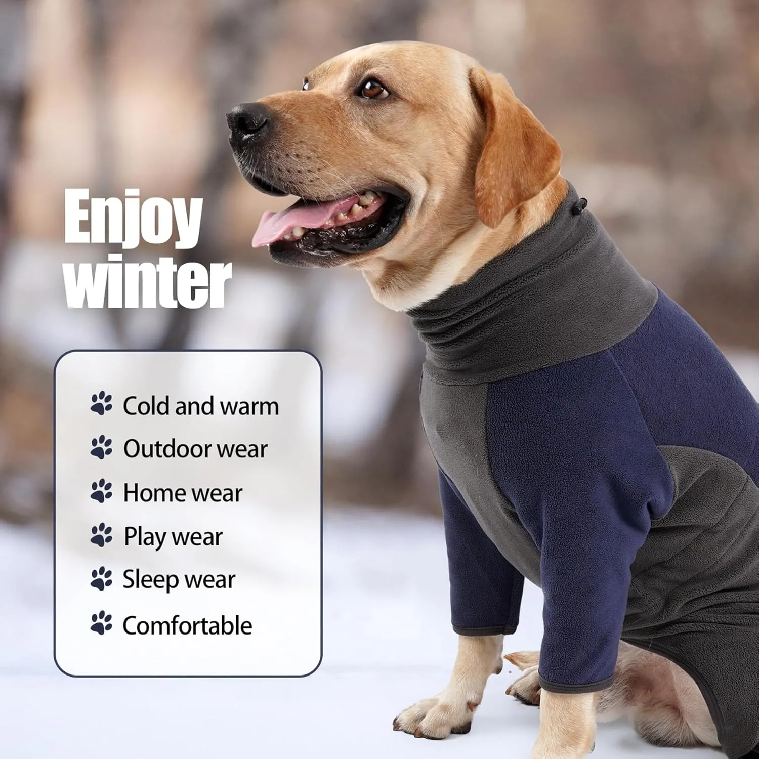 Dog Winter Coat - Warm Fleece Jacket, Windproof Pullover Jumpsuit, Fullbody Pajamas Onesie for Medium Large Dogs (Large, Blue)