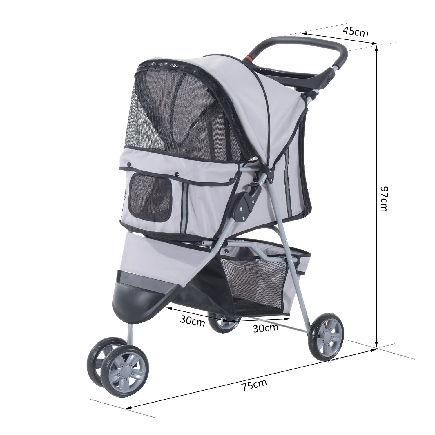 Dogs Oxford Cloth Three Wheel Pram Grey - Suitable for Small Pets